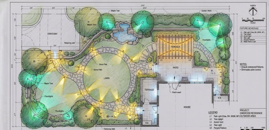 Oakwood Residence outdoor lighting plan: layered path, tree, accent, step, pergola, and water-feature fixtures with zone control notes